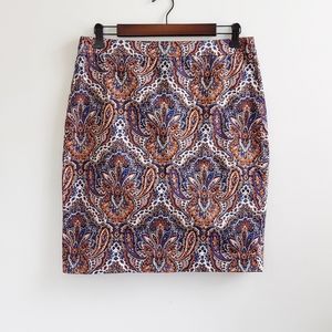 J Crew Navy The Pencil Skirt in Blue and Orange Paisley Print, Sz 8